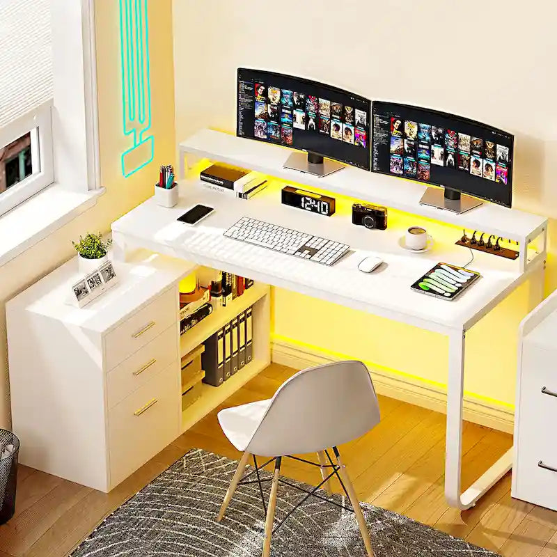 Bureau de jeu en forme de L de 55 pouces avec prises de courant et lumières LED, bureau d'angle pour ordinateur avec meuble de classement et support d'écran