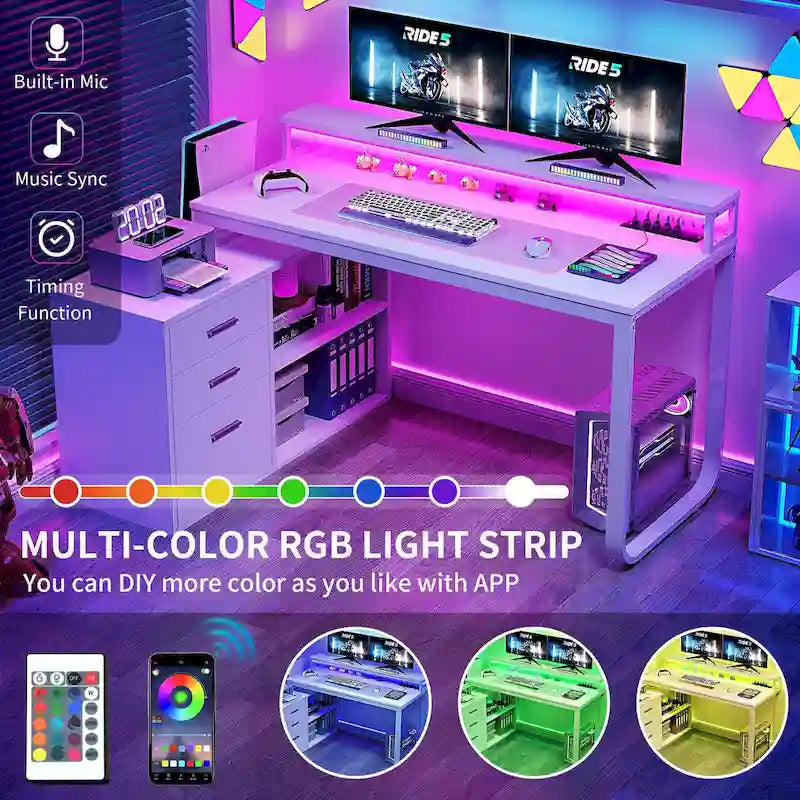 Bureau de jeu en forme de L de 55 pouces avec prises de courant et lumières LED, bureau d'angle pour ordinateur avec meuble de classement et support d'écran
