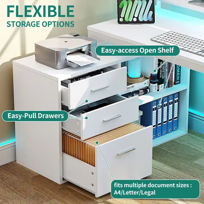 Bureau de jeu en forme de L de 55 pouces avec prises de courant et lumières LED, bureau d'angle pour ordinateur avec meuble de classement et support d'écran