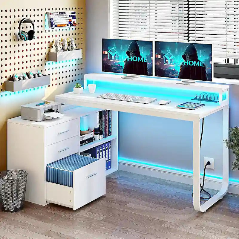 Bureau de jeu en forme de L de 55 pouces avec prises de courant et lumières LED, bureau d'angle pour ordinateur avec meuble de classement et support d'écran