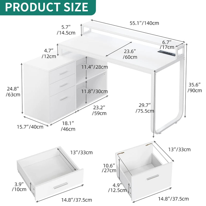 Bureau de jeu en forme de L de 55 pouces avec prises de courant et lumières LED, bureau d'angle pour ordinateur avec meuble de classement et support d'écran