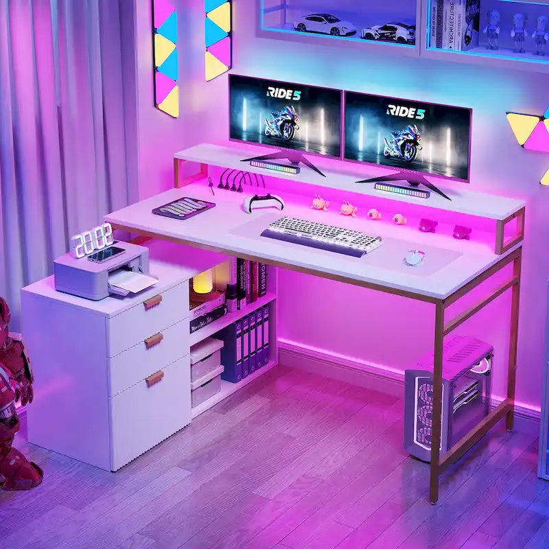 Bureau de jeu en forme de L de 55 pouces avec prises de courant et lumières LED, bureau d'angle pour ordinateur avec meuble de classement et support d'écran
