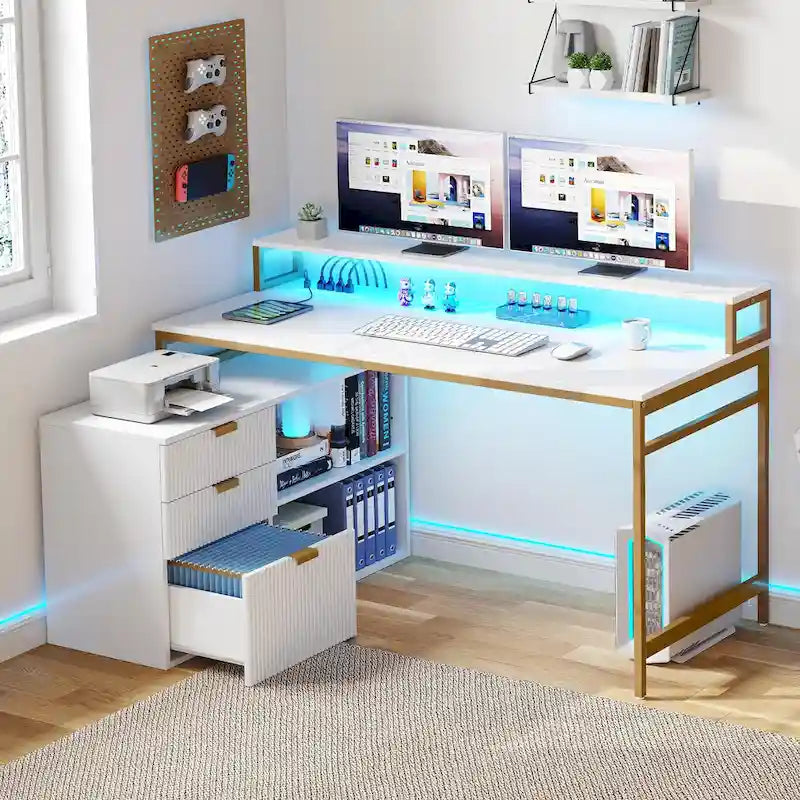 Bureau de jeu en forme de L de 55 pouces avec prises de courant et lumières LED, bureau d'angle pour ordinateur avec meuble de classement et support d'écran
