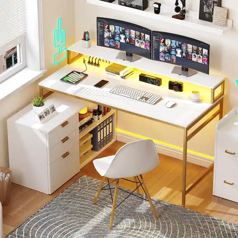Bureau de jeu en forme de L de 55 pouces avec prises de courant et lumières LED, bureau d'angle pour ordinateur avec meuble de classement et support d'écran