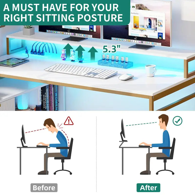 Bureau de jeu en forme de L de 55 pouces avec prises de courant et lumières LED, bureau d'angle pour ordinateur avec meuble de classement et support d'écran