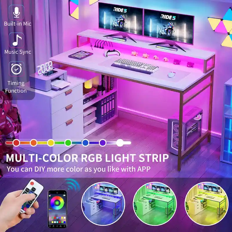 Bureau de jeu en forme de L de 55 pouces avec prises de courant et lumières LED, bureau d'angle pour ordinateur avec meuble de classement et support d'écran