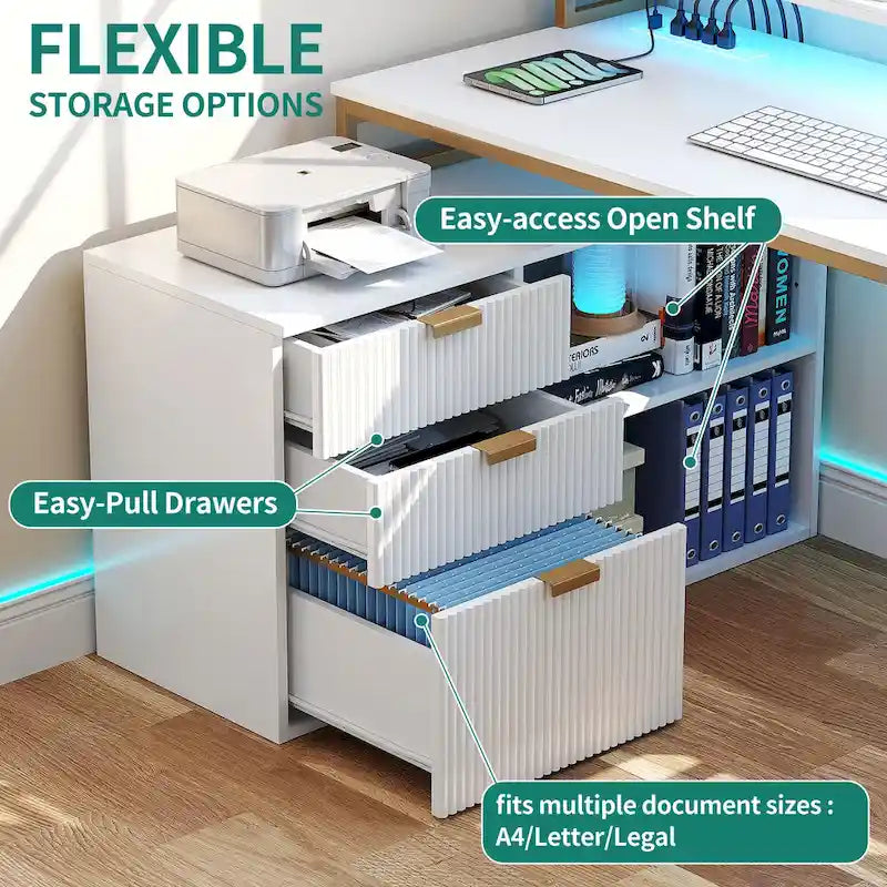 Bureau de jeu en forme de L de 55 pouces avec prises de courant et lumières LED, bureau d'angle pour ordinateur avec meuble de classement et support d'écran