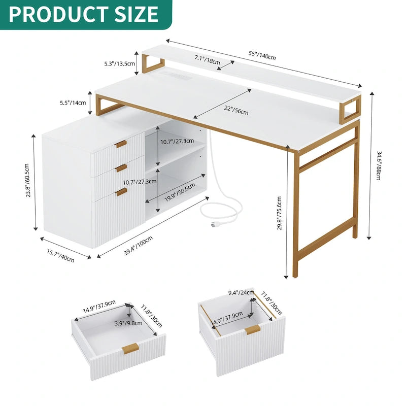 Bureau de jeu en forme de L de 55 pouces avec prises de courant et lumières LED, bureau d'angle pour ordinateur avec meuble de classement et support d'écran