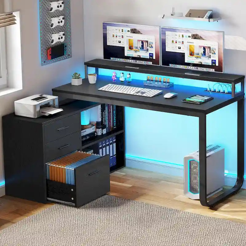 Bureau de jeu en forme de L de 55 pouces avec prises de courant et lumières LED, bureau d'angle pour ordinateur avec meuble de classement et support d'écran