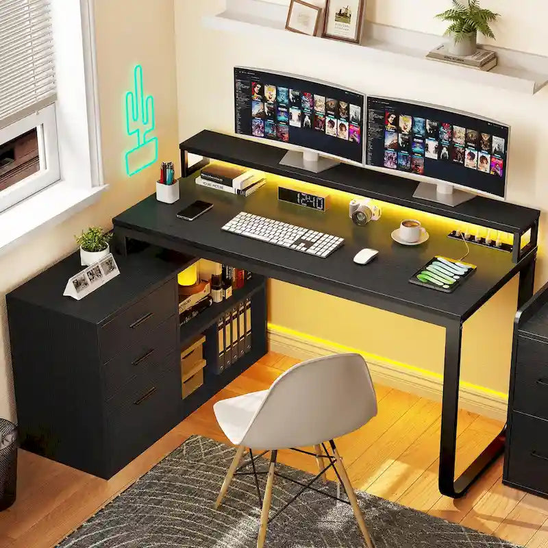 Bureau de jeu en forme de L de 55 pouces avec prises de courant et lumières LED, bureau d'angle pour ordinateur avec meuble de classement et support d'écran