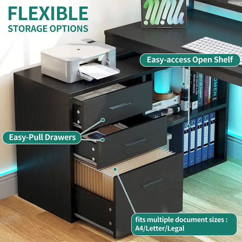 Bureau de jeu en forme de L de 55 pouces avec prises de courant et lumières LED, bureau d'angle pour ordinateur avec meuble de classement et support d'écran