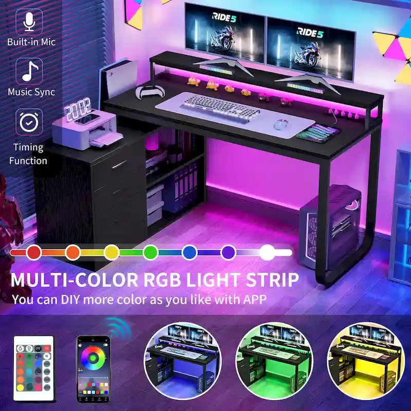 Bureau de jeu en forme de L de 55 pouces avec prises de courant et lumières LED, bureau d'angle pour ordinateur avec meuble de classement et support d'écran