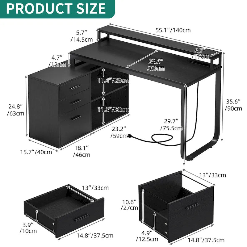 Bureau de jeu en forme de L de 55 pouces avec prises de courant et lumières LED, bureau d'angle pour ordinateur avec meuble de classement et support d'écran