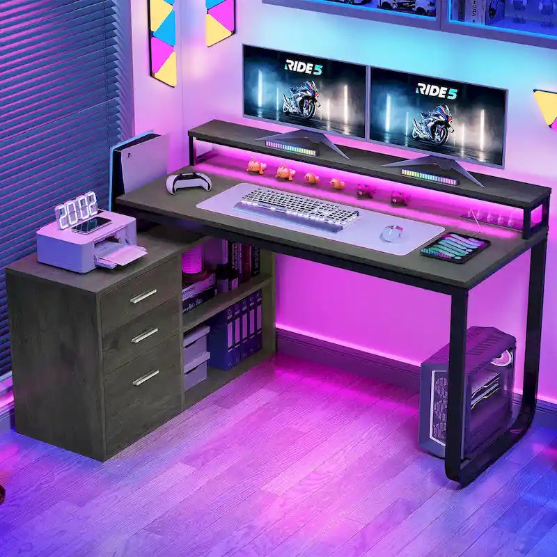 Bureau de jeu en forme de L de 55 pouces avec prises de courant et lumières LED, bureau d'angle pour ordinateur avec meuble de classement et support d'écran