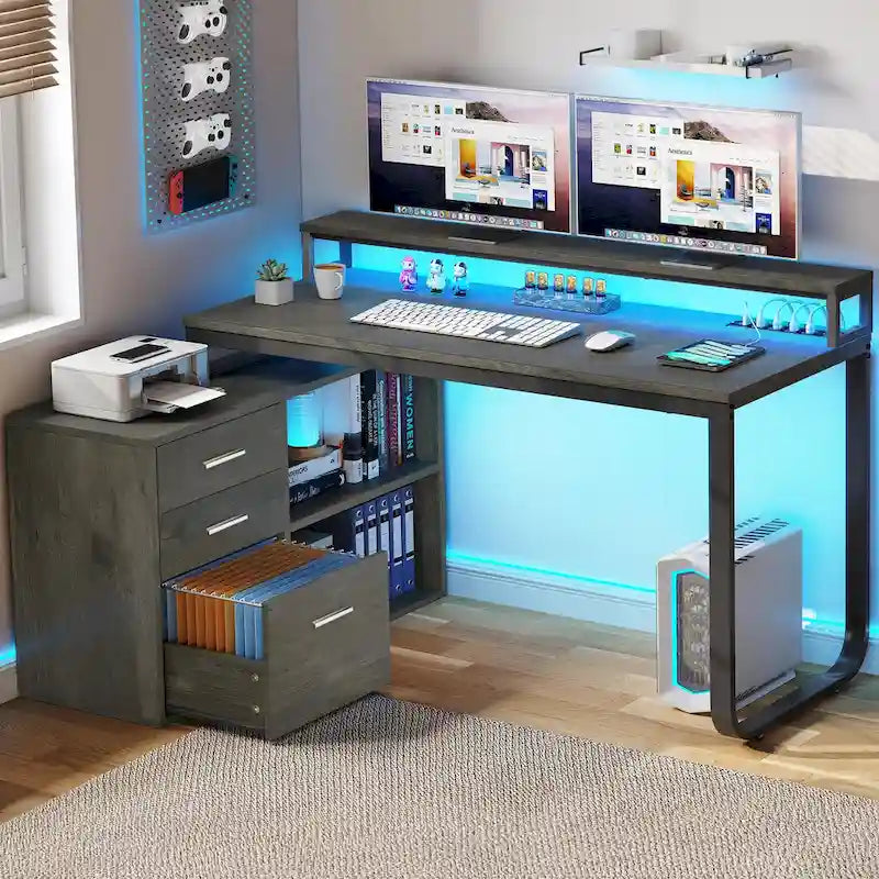 Bureau de jeu en forme de L de 55 pouces avec prises de courant et lumières LED, bureau d'angle pour ordinateur avec meuble de classement et support d'écran
