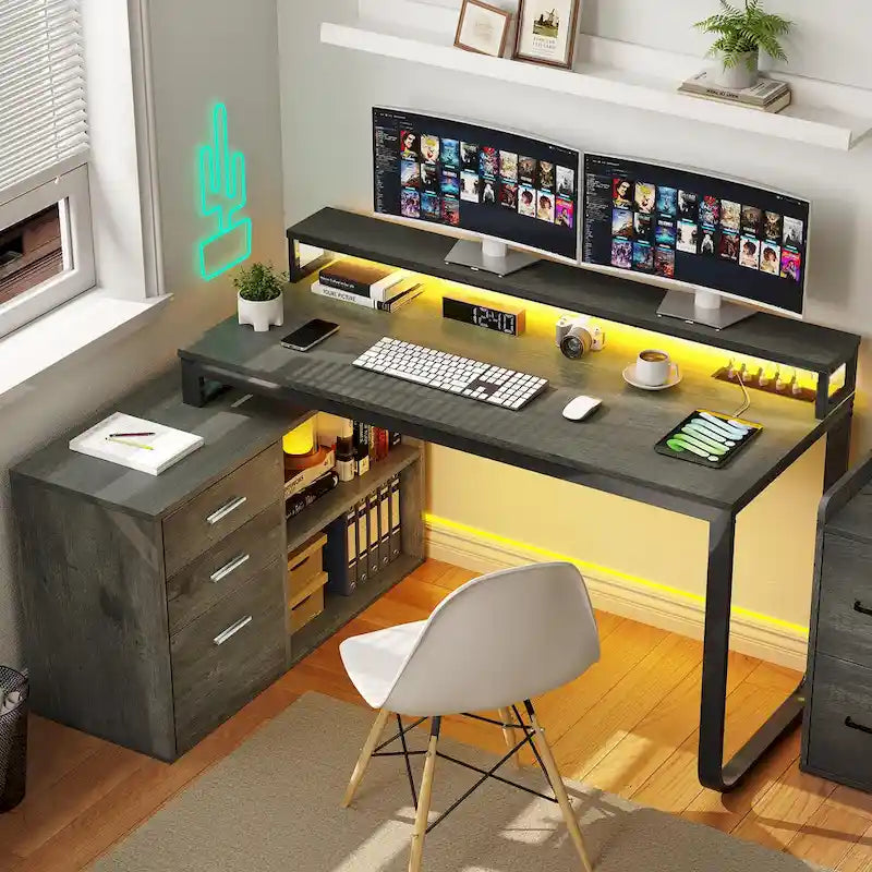 Bureau de jeu en forme de L de 55 pouces avec prises de courant et lumières LED, bureau d'angle pour ordinateur avec meuble de classement et support d'écran