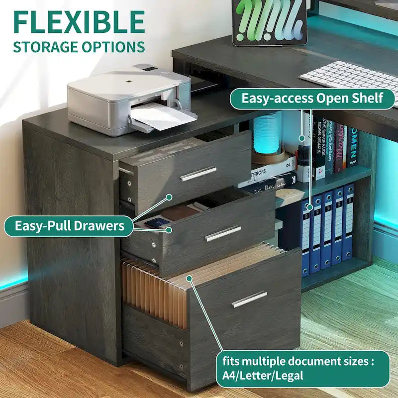 Bureau de jeu en forme de L de 55 pouces avec prises de courant et lumières LED, bureau d'angle pour ordinateur avec meuble de classement et support d'écran