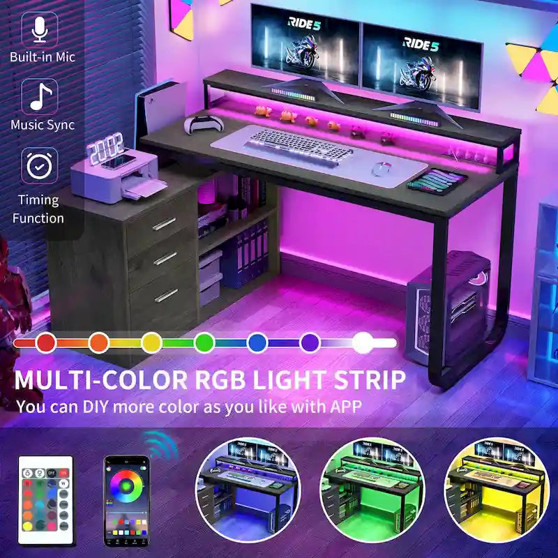 Bureau de jeu en forme de L de 55 pouces avec prises de courant et lumières LED, bureau d'angle pour ordinateur avec meuble de classement et support d'écran