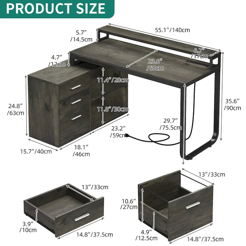 Bureau de jeu en forme de L de 55 pouces avec prises de courant et lumières LED, bureau d'angle pour ordinateur avec meuble de classement et support d'écran