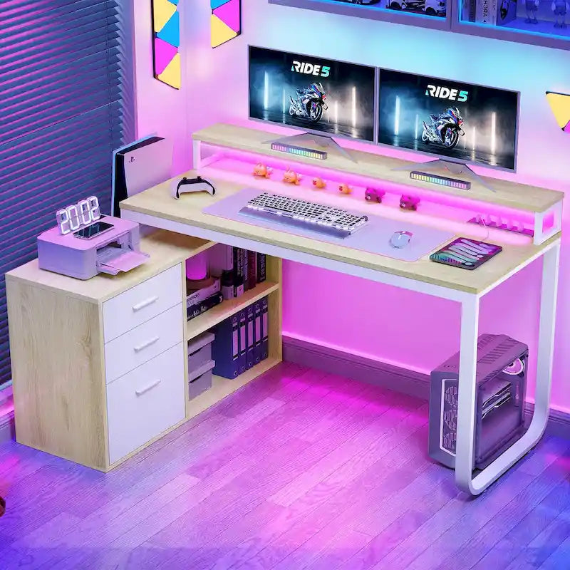 Bureau de jeu en forme de L de 55 pouces avec prises de courant et lumières LED, bureau d'angle pour ordinateur avec meuble de classement et support d'écran