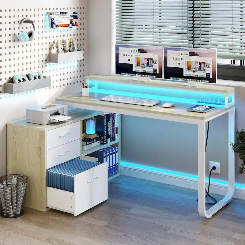 Bureau de jeu en forme de L de 55 pouces avec prises de courant et lumières LED, bureau d'angle pour ordinateur avec meuble de classement et support d'écran