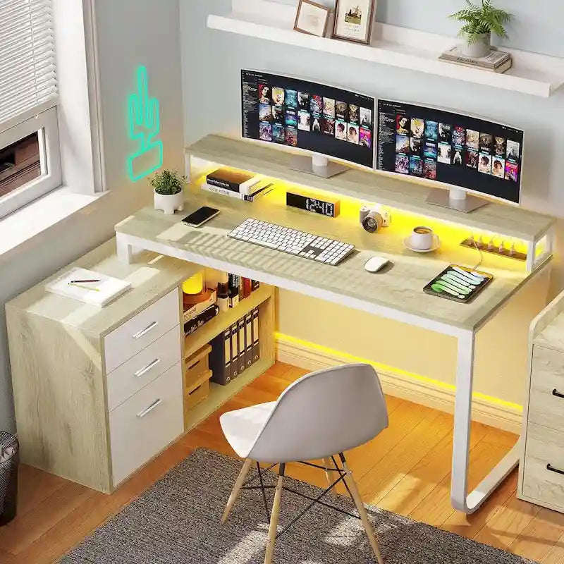 Bureau de jeu en forme de L de 55 pouces avec prises de courant et lumières LED, bureau d'angle pour ordinateur avec meuble de classement et support d'écran