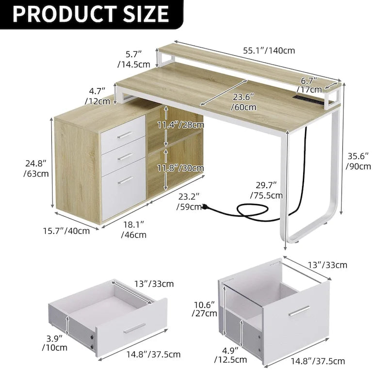 Bureau de jeu en forme de L de 55 pouces avec prises de courant et lumières LED, bureau d'angle pour ordinateur avec meuble de classement et support d'écran