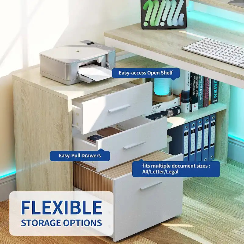 Bureau de jeu en forme de L de 55 pouces avec prises de courant et lumières LED, bureau d'angle pour ordinateur avec meuble de classement et support d'écran