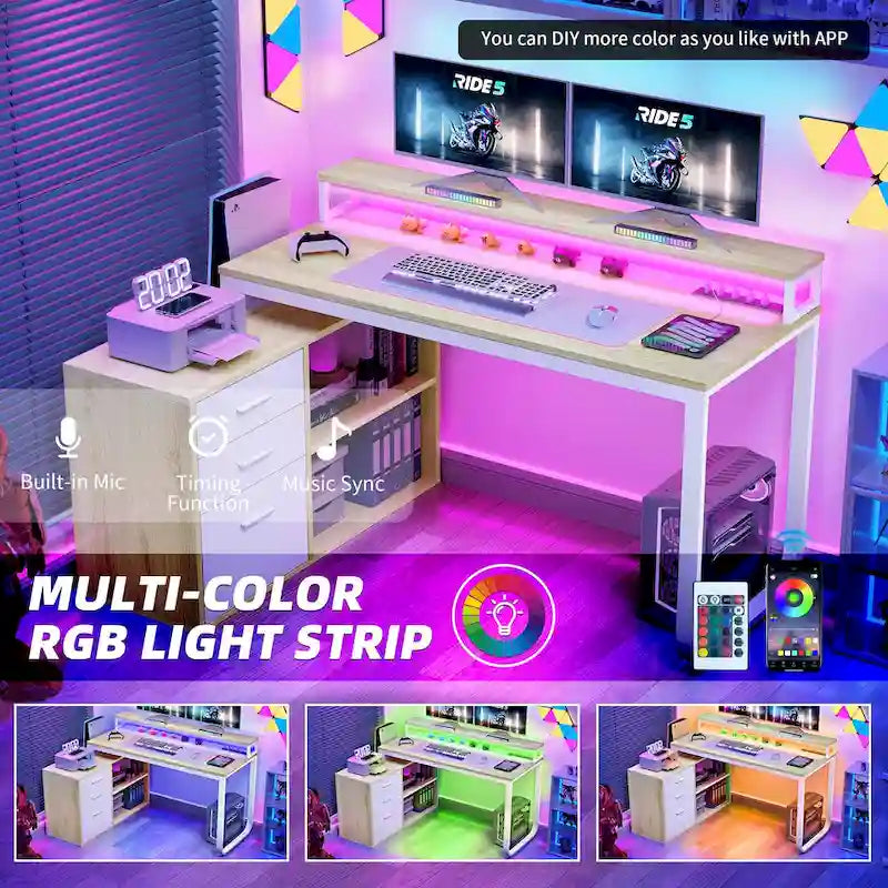 Bureau de jeu en forme de L de 55 pouces avec prises de courant et lumières LED, bureau d'angle pour ordinateur avec meuble de classement et support d'écran