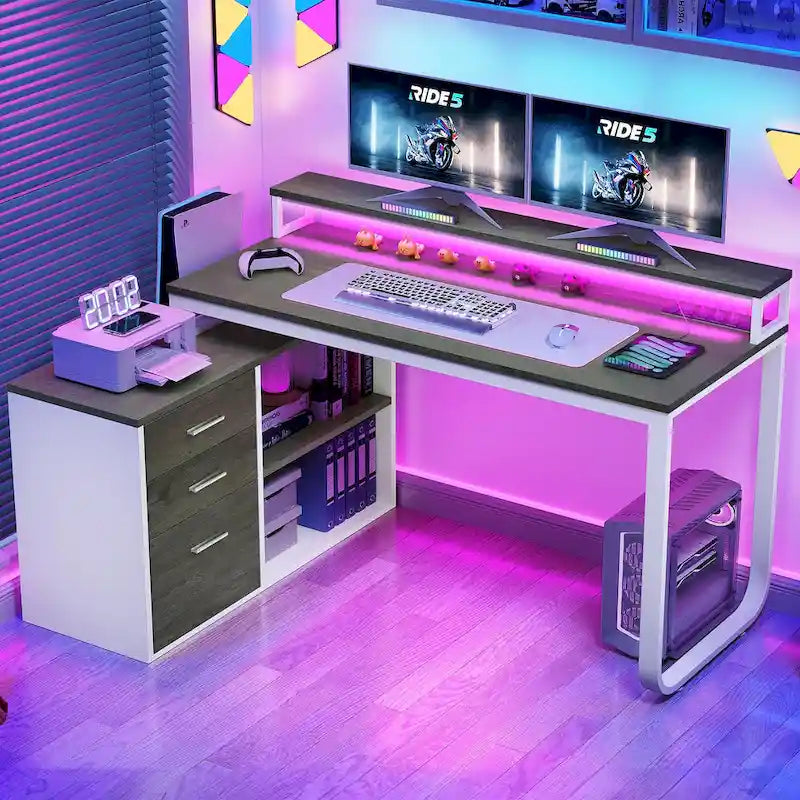 Bureau de jeu en forme de L de 55 pouces avec prises de courant et lumières LED, bureau d'angle pour ordinateur avec meuble de classement et support d'écran