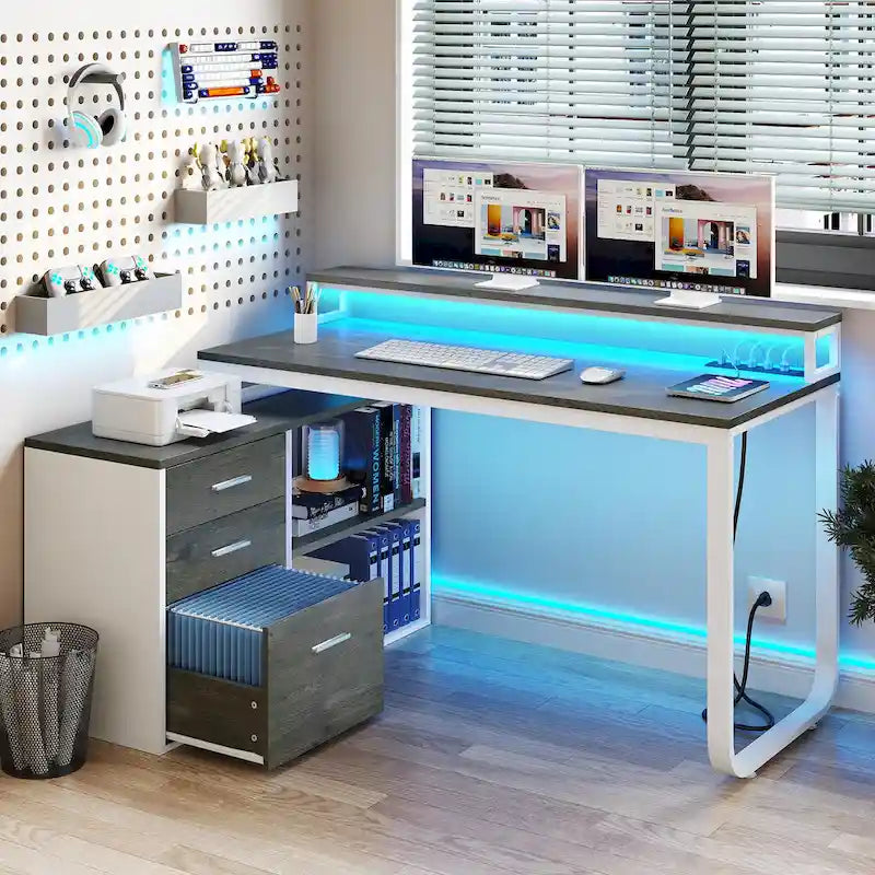 Bureau de jeu en forme de L de 55 pouces avec prises de courant et lumières LED, bureau d'angle pour ordinateur avec meuble de classement et support d'écran