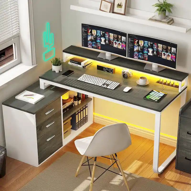 Bureau de jeu en forme de L de 55 pouces avec prises de courant et lumières LED, bureau d'angle pour ordinateur avec meuble de classement et support d'écran
