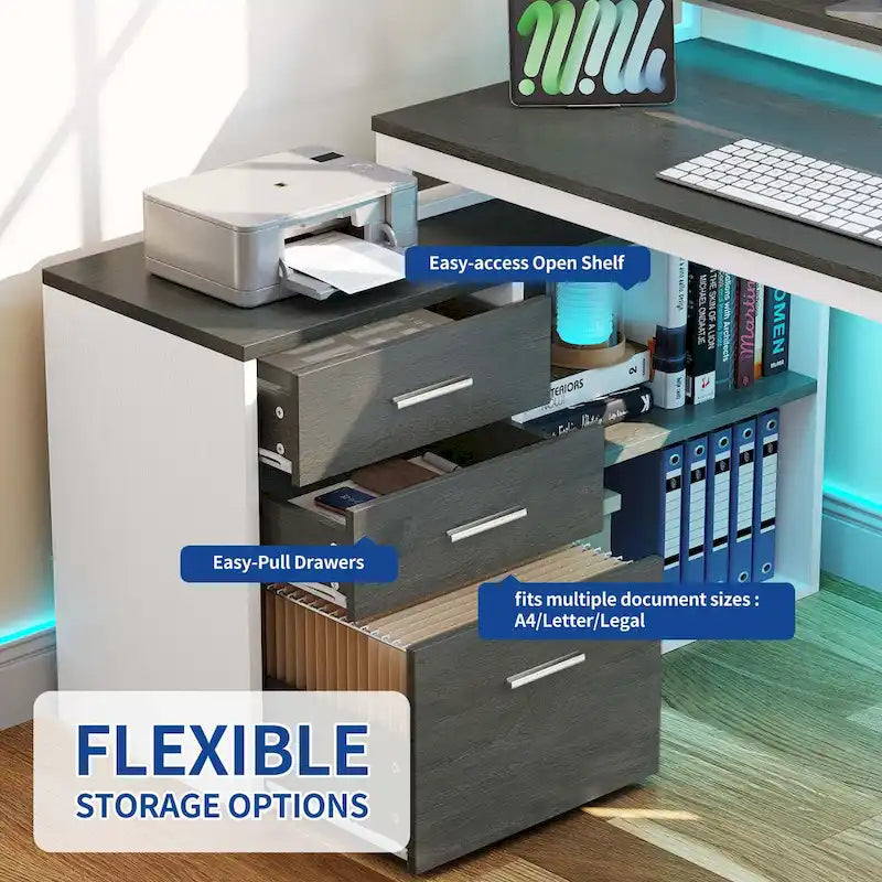 Bureau de jeu en forme de L de 55 pouces avec prises de courant et lumières LED, bureau d'angle pour ordinateur avec meuble de classement et support d'écran