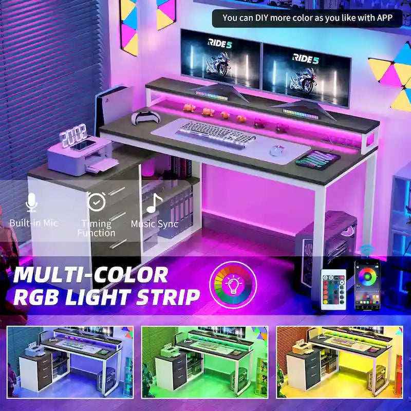 Bureau de jeu en forme de L de 55 pouces avec prises de courant et lumières LED, bureau d'angle pour ordinateur avec meuble de classement et support d'écran