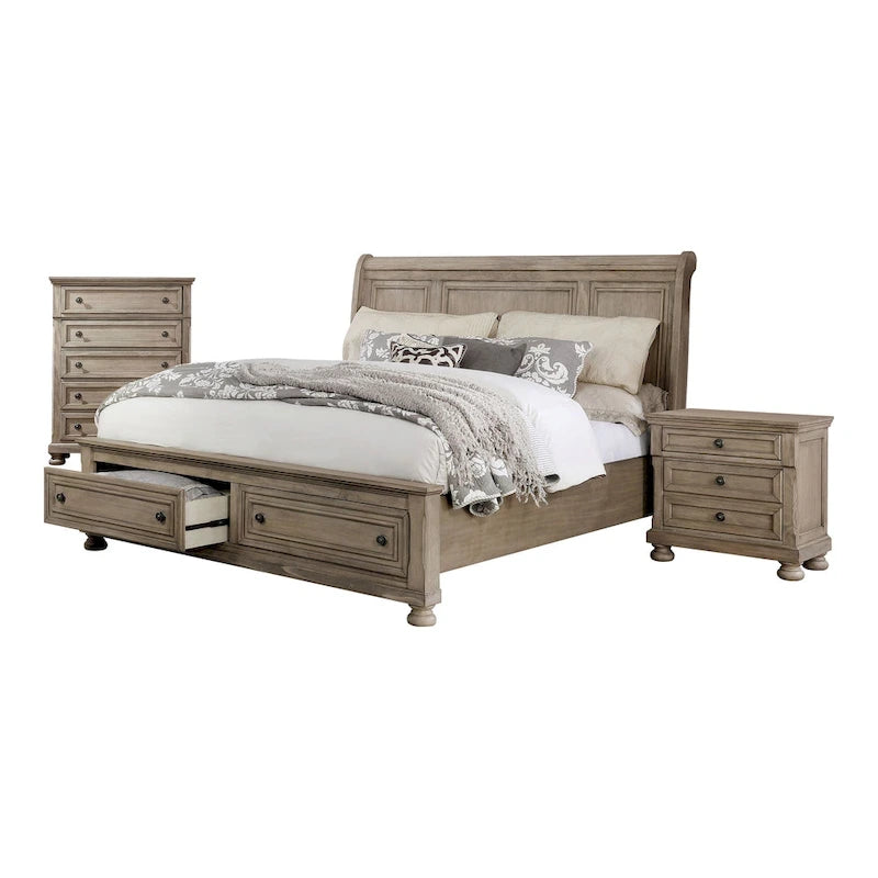 Ensemble de chambre à coucher 3 pièces en bois gris de transition avec lit traîneau et port USB