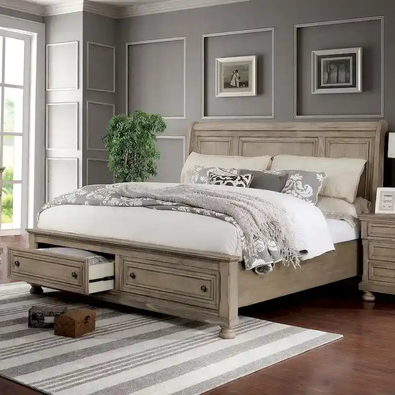 Ensemble de chambre à coucher 3 pièces en bois gris de transition avec lit traîneau et port USB