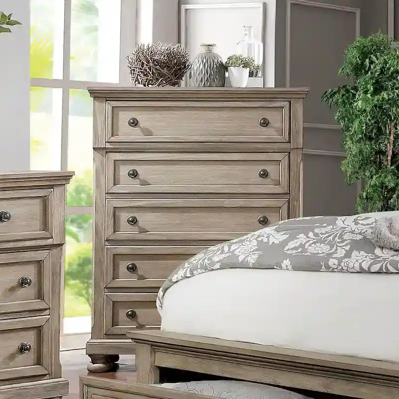 Ensemble de chambre à coucher 3 pièces en bois gris de transition avec lit traîneau et port USB