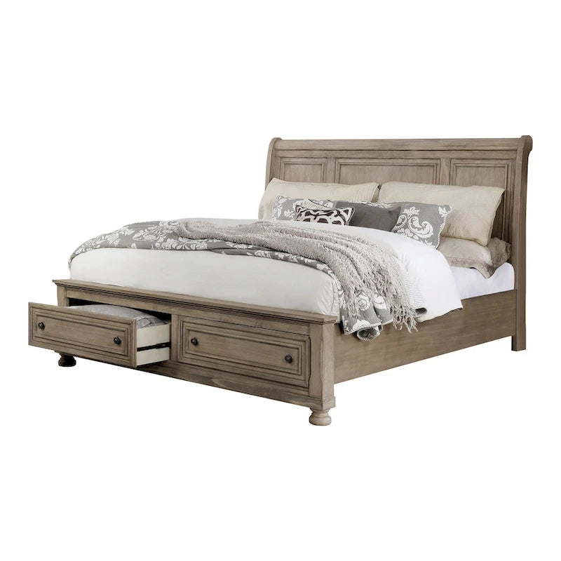 Ensemble de chambre à coucher 3 pièces en bois gris de transition avec lit traîneau et port USB