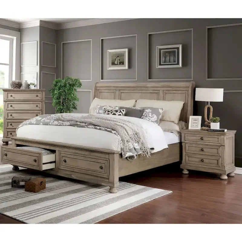 Ensemble de chambre à coucher 3 pièces en bois gris de transition avec lit traîneau et port USB
