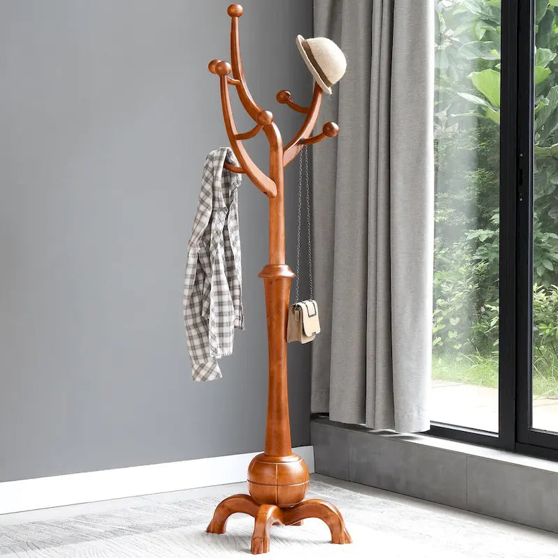 Porte-manteau autoportant en bois d'hévéa à 8 crochets - 24,5 l x 70,87 H