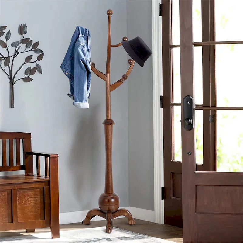 Porte-manteau autoportant en bois d'hévéa à 8 crochets - 24,5 l x 70,87 H
