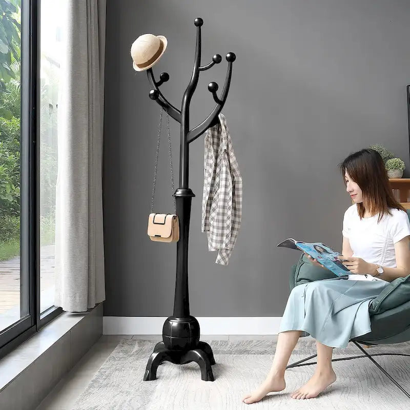 Porte-manteau autoportant en bois d'hévéa à 8 crochets - 24,5 l x 70,87 H