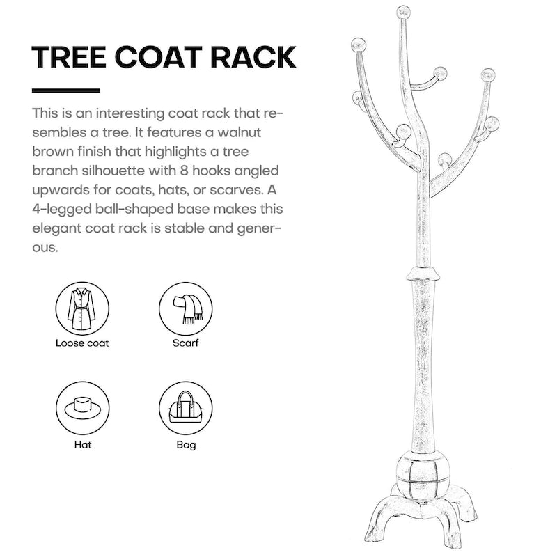 Porte-manteau autoportant en bois d'hévéa à 8 crochets - 24,5 l x 70,87 H