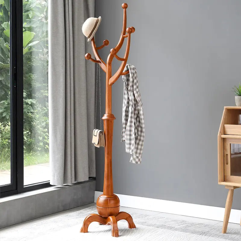 Porte-manteau autoportant en bois d'hévéa à 8 crochets - 24,5 l x 70,87 H