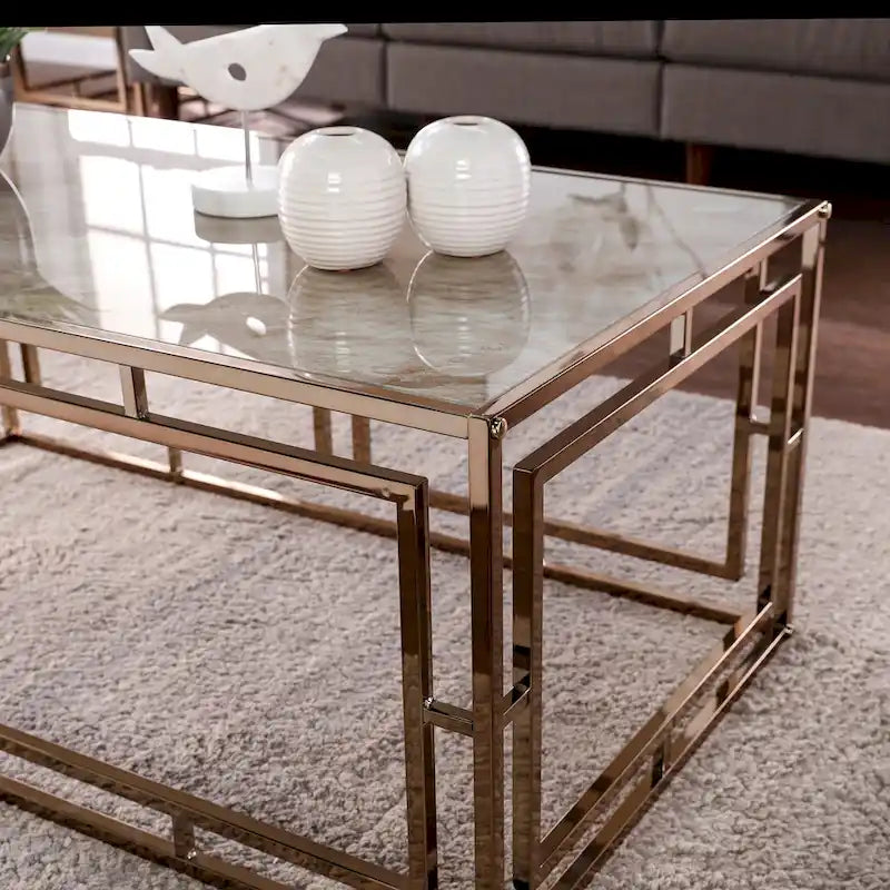 Table basse rectangulaire géométrique en similicuir et verre à plateau en marbre