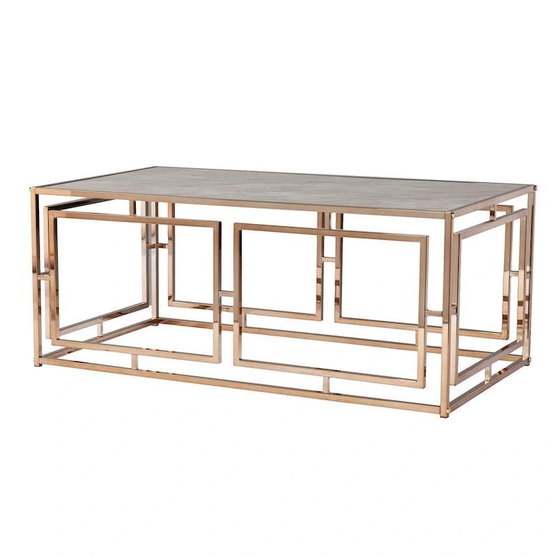 Table basse rectangulaire géométrique en similicuir et verre à plateau en marbre