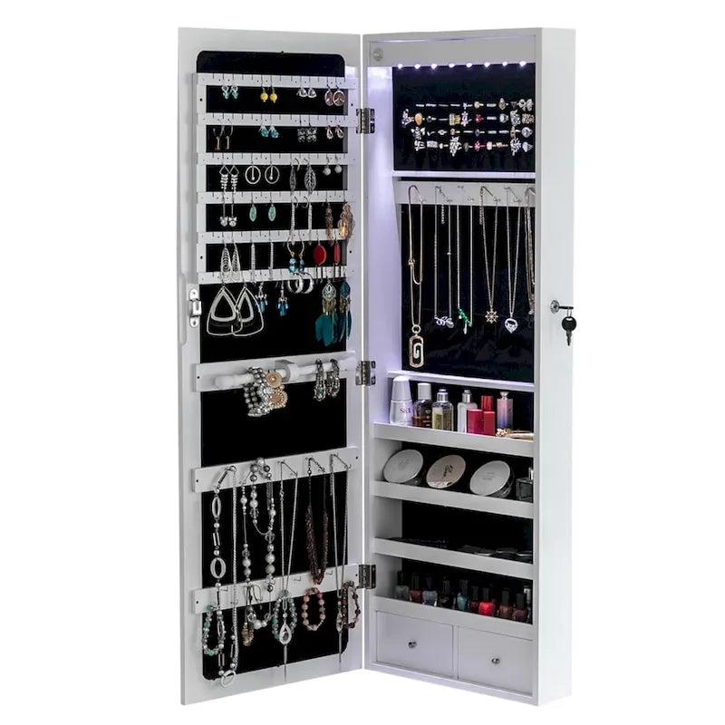 4-Layer Shelf, 2 Drawers, 8 Blue LED Lights, Jewelry Storage Mirror Cabinet