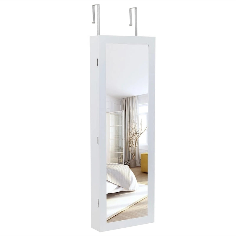 Étagère 4 niveaux, 2 tiroirs, 8 lumières LED bleues, armoire à bijoux avec miroir