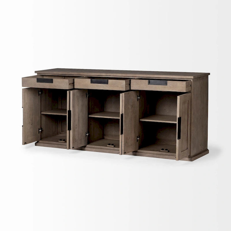 Bahut 3 tiroirs 6 portes en bois massif marron naturel - 81,5L x 18,5P x 36,0H