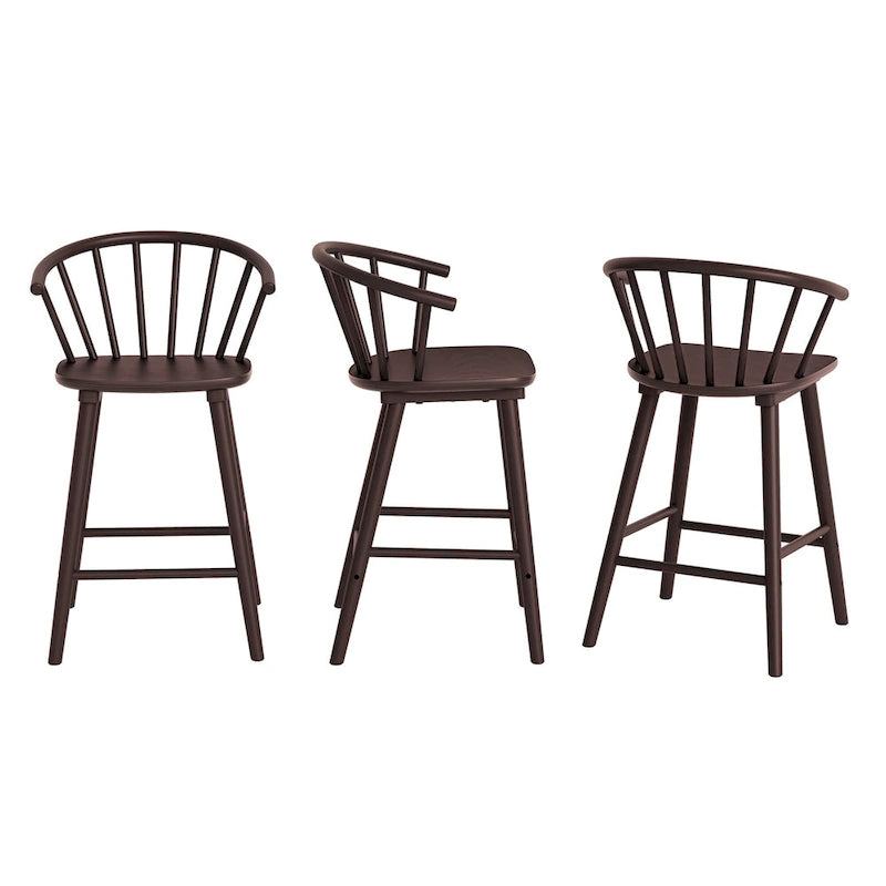 Lot de 3 tabourets de bar de 61 cm, hauteur comptoir, avec cadre en bois massif et dossier à barreaux pour îlot de cuisine